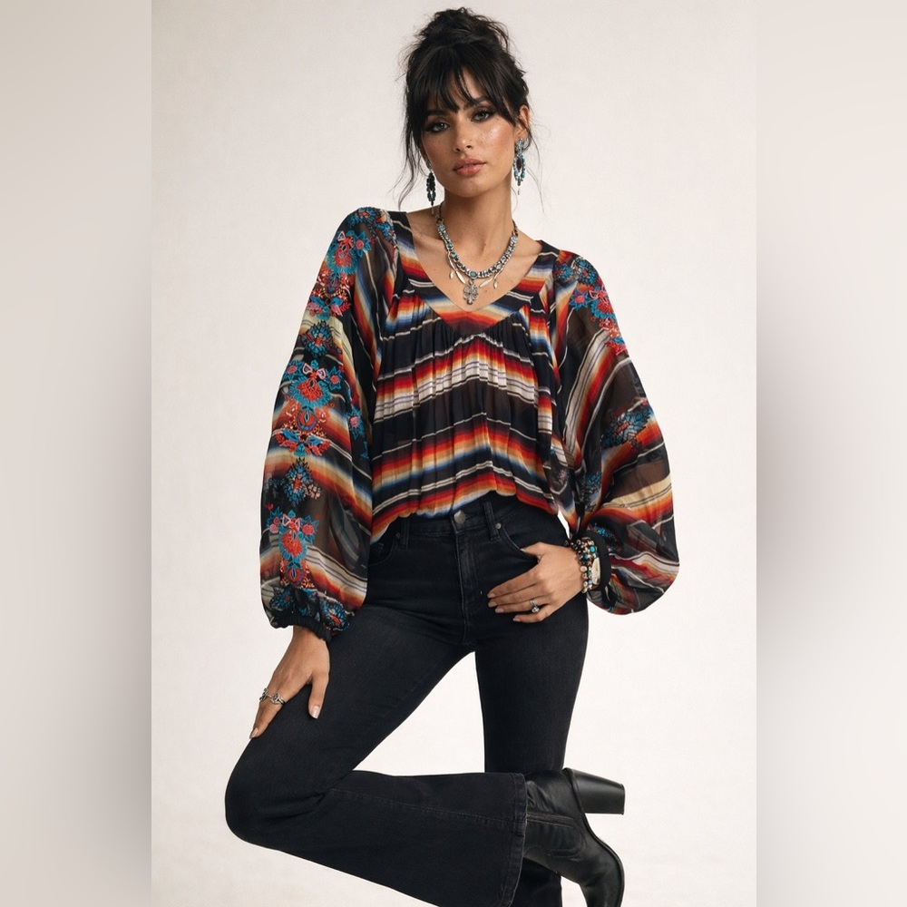 Vintage Collection Sheer Embroidered Aztec Blouse‎ | Western Boho Top | Size M